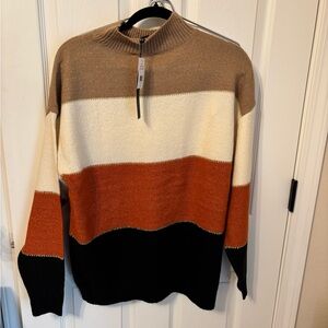 H Halston womencolorblocked mock-neck long sleeve sweater “Russet Combo"colorway